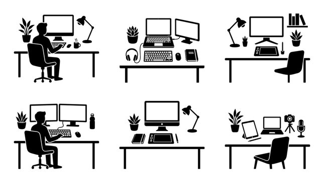 Collection of modern home office desk setups with computers and accessories