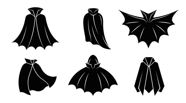 Collection of black vampire capes and bat wing silhouette icons