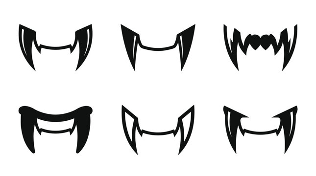 Collection of six different vampire fangs icons in black and white