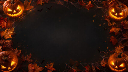 Spooky Halloween background with glowing jack o' lanterns, carved pumpkins with autumn leaves, dark atmospheric frame for seasonal holiday promotions