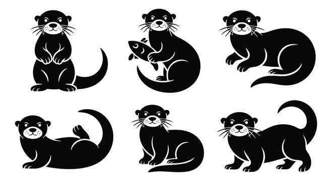 Collection of stylized black otter illustrations in various playful poses on a white background