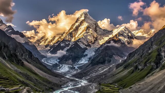 A breathtaking mountain landscape featuring snow-capped peaks, a glacier, a river, and terraced fields with a village.