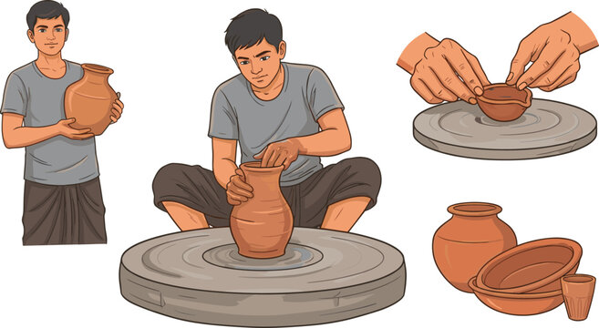 Traditional Pottery Craft Collection with Young Potter Creating Clay Vessels and Earthen Utensils Vector Illustration Set