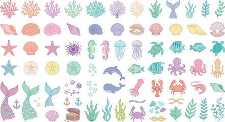 Cute marine life vector clipart pack featuring pastel sea creatures underwater coral reefs seashells and whimsical mermaid tails © MD