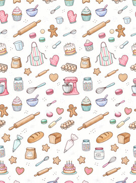 seamless pattern with kitchen utensils baking 