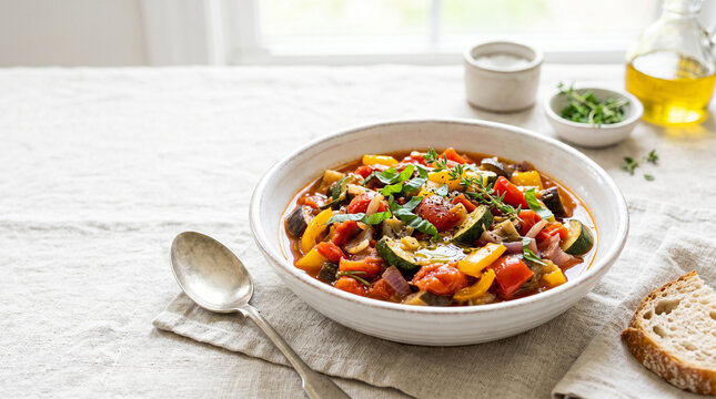 Bowl of ratatouille with vegetables and herbs on linen tablecloth  