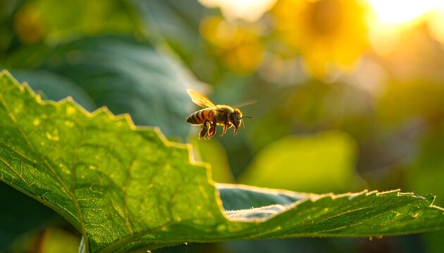 A bee hovers above a green leafy plant with a blurred floral background