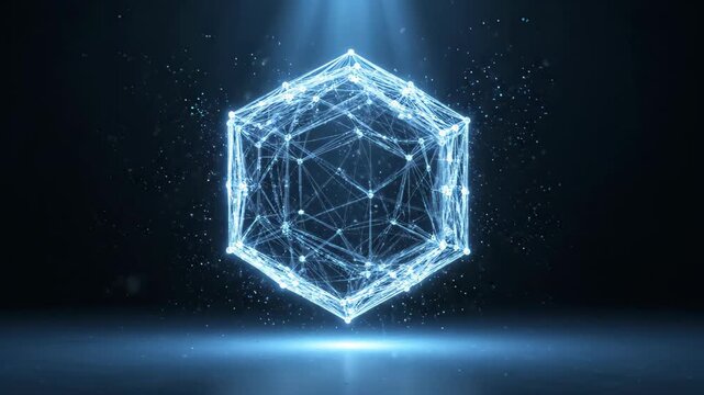Luminous blue wireframe polyhedron depicting digital network data, composed interconnected lines particles, commercial applications.