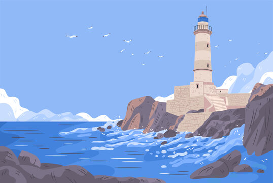 Crete Lighthouse Greece coastal landmark rocky shore blue sea waves seagulls scenic sky Mediterranean travel destination landscape banner