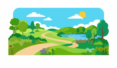 Fototapeta premium Sunny countryside landscape with winding road green trees hills and peaceful rural nature vector illustration
