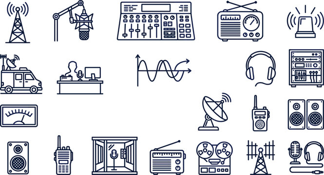 Radio broadcasting and telecommunication vector line icons set audio podcast studio engineering equipment sound wave transmission recording symbols