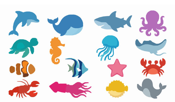 Colorful marine animal collection featuring dolphin whale shark octopus crab jellyfish and sea creatures