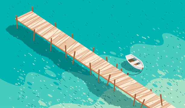 Ibiza Spain wooden pier turquoise sea rowboat summer coastal landscape aerial beach scenery calm water template