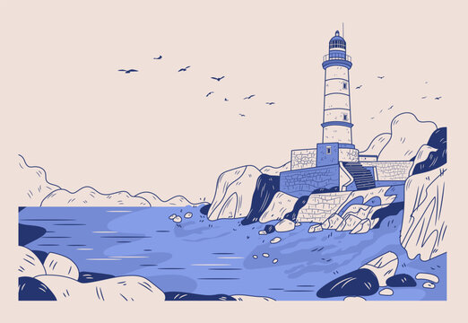 Crete Lighthouse Greece coastal landmark rocky shore seagulls blue sea scenic landscape hand drawn style website banner