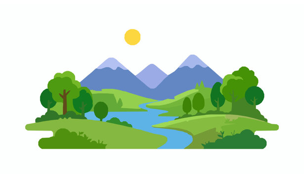 Mountain landscape with river green trees rolling hills and bright sunny outdoor nature illustration