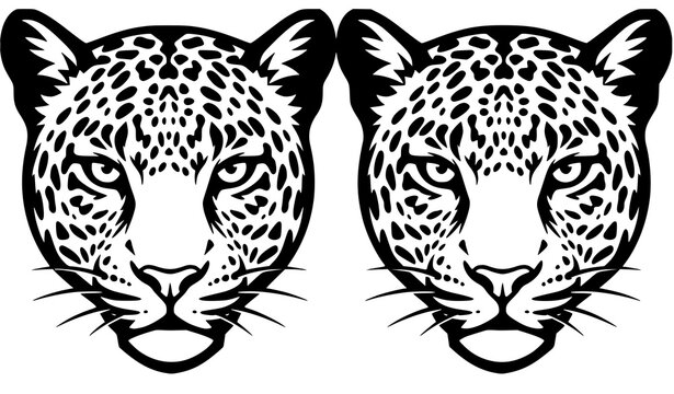Detailed leopard head illustration pair with realistic black line art wildlife tattoo design vector