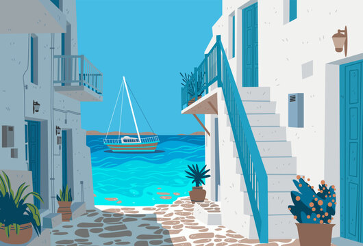 Mykonos Greece coastal village street white houses blue doors sea view sailboat potted plants sunny day travel destination