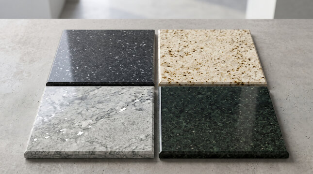 Four granite and marble stone sample tiles in black grey beige and green on concrete surface