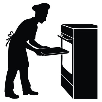 Chef putting baking tray into oven, man in chef hat cooking and baking food in kitchen.