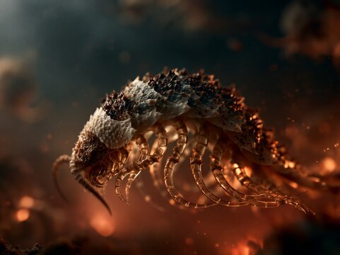 Fantastical Armored Alien Creature With Curling Legs and Spiked Shell Emerging From Fiery Glowing Embers in a Dark Surreal Nightmare Landscape