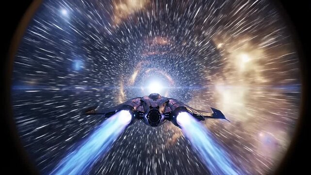 A futuristic spacecraft accelerates through a warp tunnel, leaving streaks of light behind.