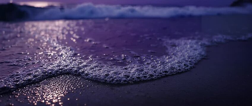 Macro shot of glowing sea foam receding on dark beach sand at purple sunset.