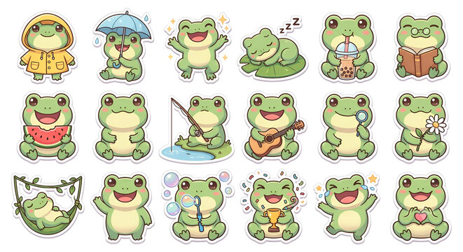 Cute Frog Sticker Set with Various Activities and Expressions. A delightful collection of adorable cartoon frog stickers featuring a wide range of happy activities and charming gestures. The set inclu
