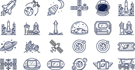 Space exploration line icon set featuring rocket launch satellite astronaut helmet spaceship shuttle rover orbit station and planetary travel vectors © Kulsum