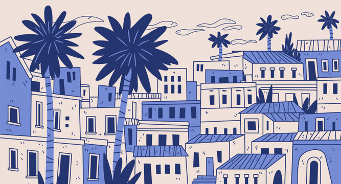 Mediterranean coastal scene palm trees whitewashed houses blue rooftops hillside village architecture summer landscape urban skyline web banner
