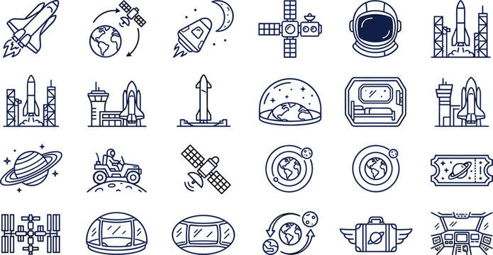 Space exploration line icon set featuring rocket launch satellite astronaut helmet spaceship shuttle rover orbit station and planetary travel vectors