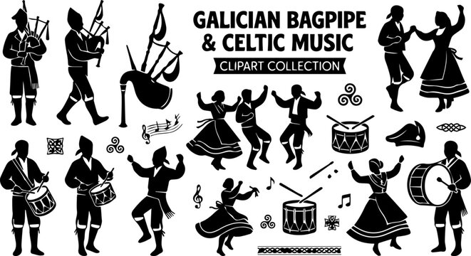 Galician Bagpipe and Celtic Music Silhouette Set &ndash; Drummer, Dancer, Traditional Folk Icons
