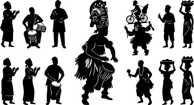 African Tribal Dancer Silhouette Set &ndash; Cultural Performance, Mask, Festival Dancer Icons
