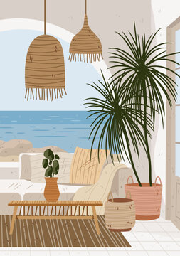 Mediterranean coastal aesthetic interior beach view lounge natural rattan decor indoor plants neutral colors bright sunlight modern home