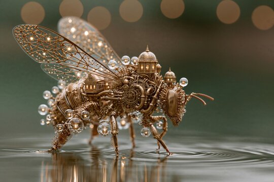 Ornate Steampunk Mechanical Bee with Brass Gears and Glass Domes Standing on Water with Glowing Bubbles and Golden Bokeh