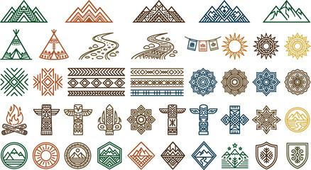 Tribal ethnic native geometric ornaments line icons set vector geometric mountain totem tipi bonfire mandala design elements bundle © Kulsum