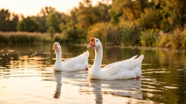 white chinese geese floating on west lake hangzhou china golden light close up video