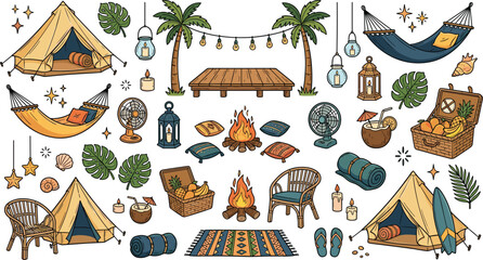 Tropical glamping beach camping vector hand drawn elements collection luxury outdoor recreation tent hammock bonfire picnic basket illustrations © Kulsum