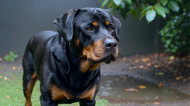Attentive rottweiler dog standing in a wet garden and looking away. 4K Video