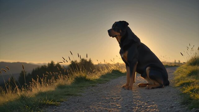 Loyal rottweiler sitting on a countryside path during sunset. 4K Video