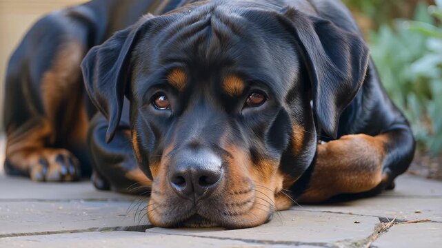 Adult rottweiler dog lying on stone patio looking calm and thoughtful. 4K Video