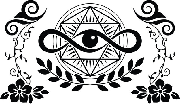 Esoteric eye symbol centered inside star geometry with infinity shape and botanical floral ornaments for elegant decorative graphic art.