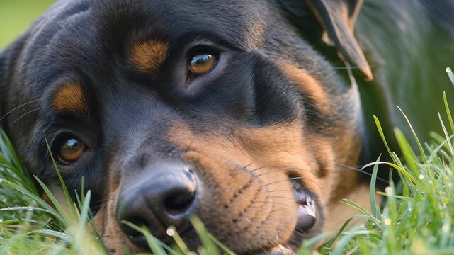 Rottweiler dog lying in green grass looking at camera and blinking. 4K Video