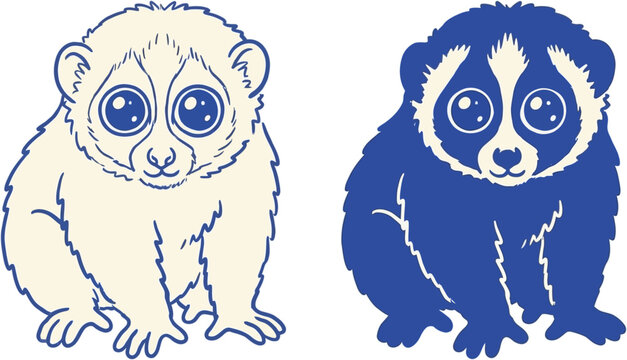 Adorable Slow Loris Primate Character Featuring Large Expressive Eyes in Minimalist Vector Outline and Solid Silhouette Styles Isolated on White Background for Graphic Design Projects