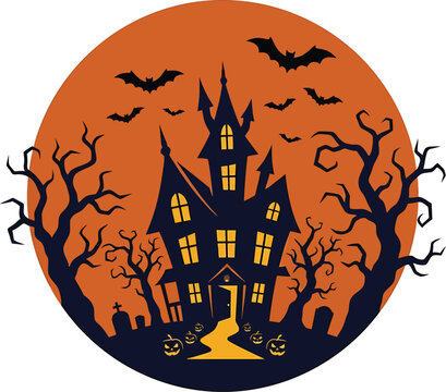 Spooky halloween t shirt vector haunted house with bats and pumpkins design for apparel print