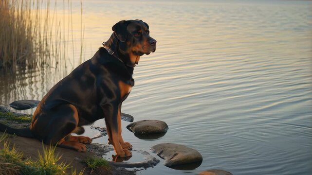 Rottweiler dog sitting at the edge of a peaceful pond at sunset. 4K Video