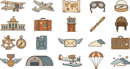 Vintage aviation and retro travel hand drawn doodle icon set featuring biplanes old luggage compasses control towers and pilot gear © Kulsum