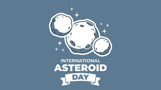 Three grey cratered asteroids float above the bold white text for international asteroid day with decorative sparkling stars in a clean flat vector art style graphic design for space events.