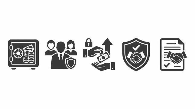 Professional escrow service icons for secure transactions. Digital payment symbols ensuring safe financial agreements and held funds.