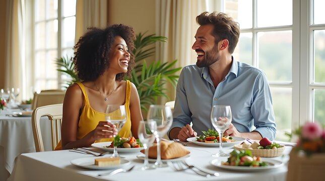 A joyful African American woman and a Caucasian man share a meal, laughing together in a cozy restaurant setting.