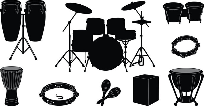 Percussion Instrument Silhouette Collection with Drum Set, Congas, Bongos and Hand Percussion Music Vector Illustration Set